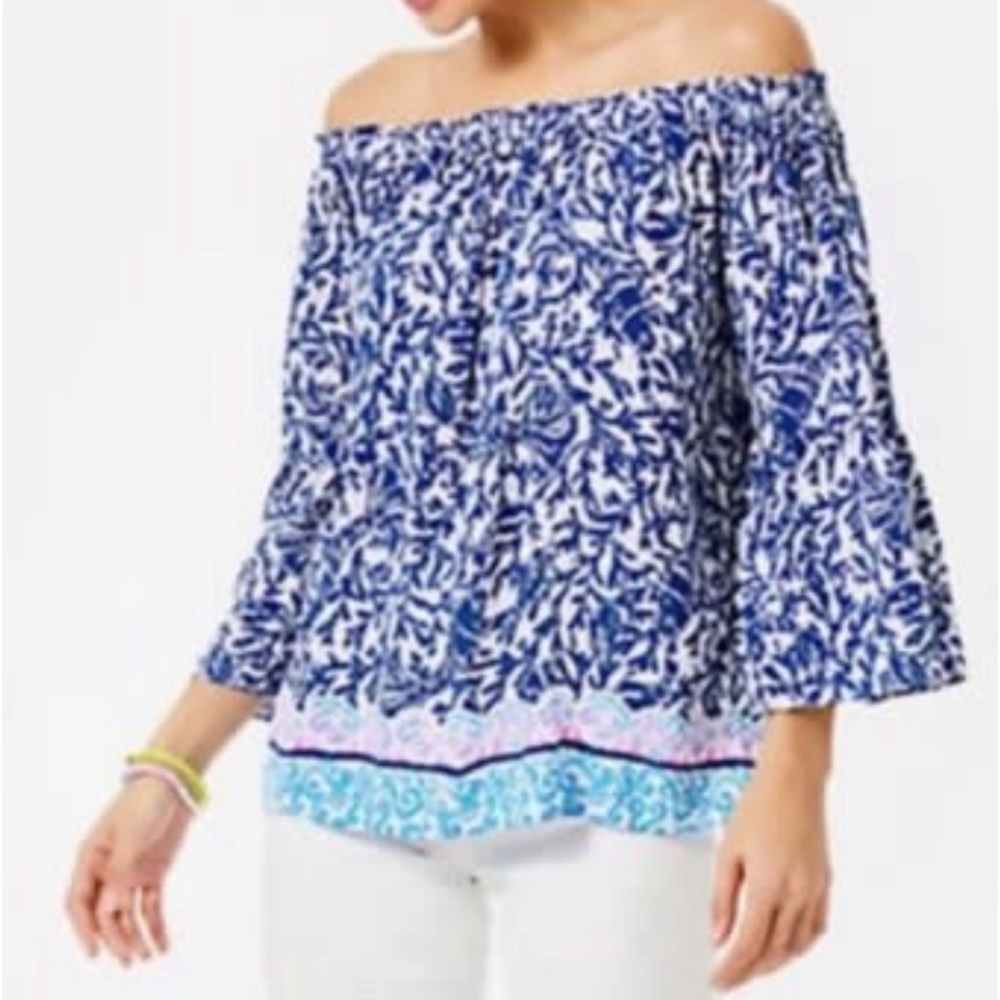 Lilly Pulitzer Nevie Off-The-Shoulder Top Oyster Bay Blue Krillin It - Picture 3 of 7
